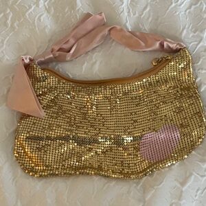 FELIX REY gold mesh and satin evening bag, small pale pink heart on front